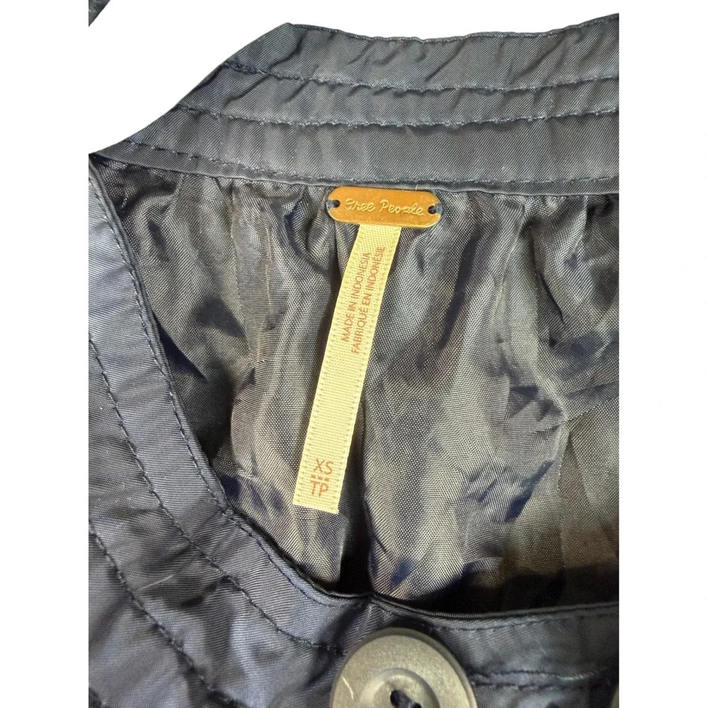 Free People Navy Blue Satin Bomber Jacket Full Zip Ribbed Trim XS